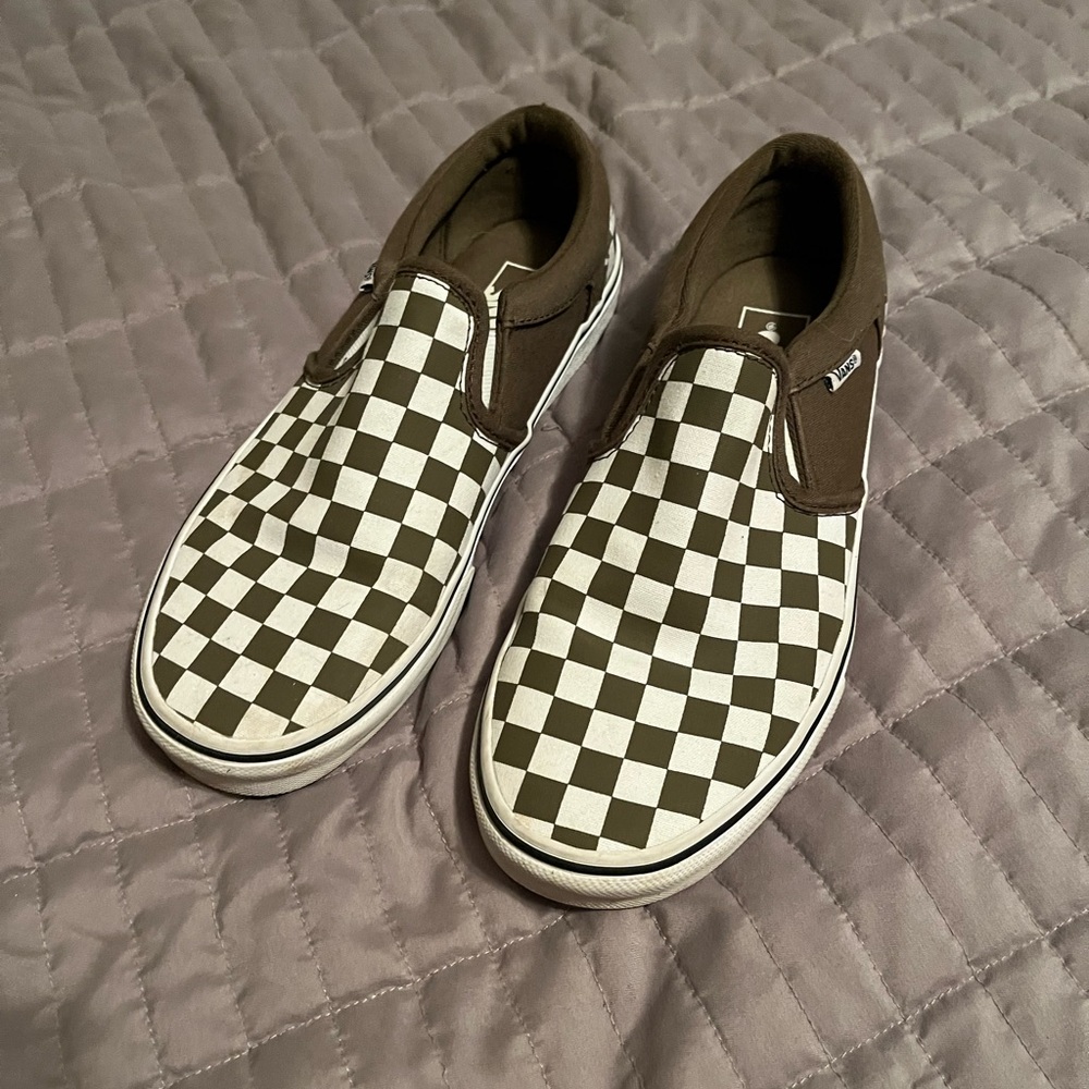Vans Men's Checkerboard Slip-On Shoes - Olive and White, M8, W9.5